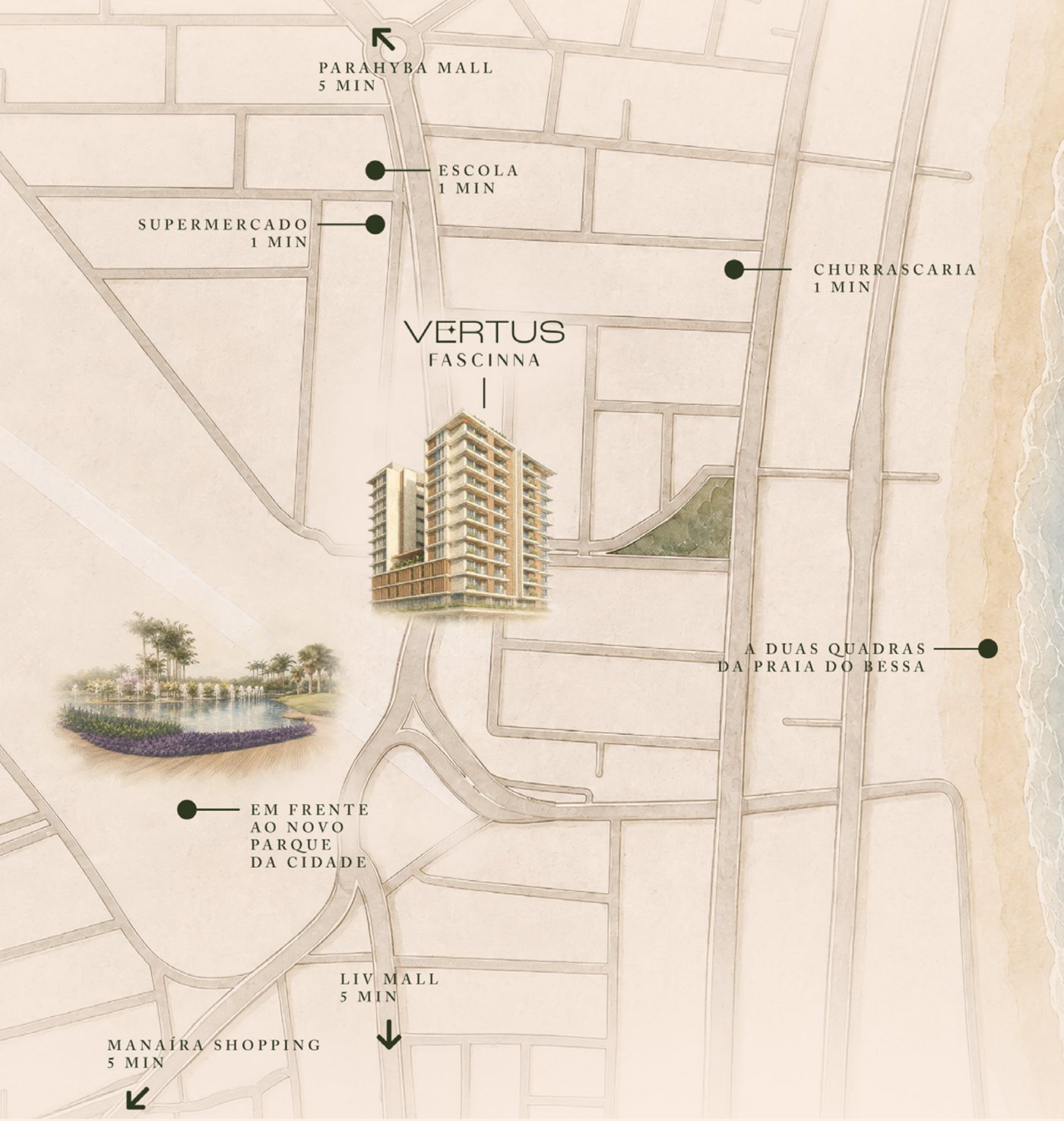 Mapa ilustrado da região com shoppings, escola, supermercado, Parque da Cidade e praia do Bessa